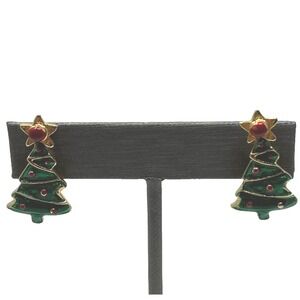 Vintage Christmas Tree Earrings Pierced Green‎ Enamel and Red Accent Gold Tone